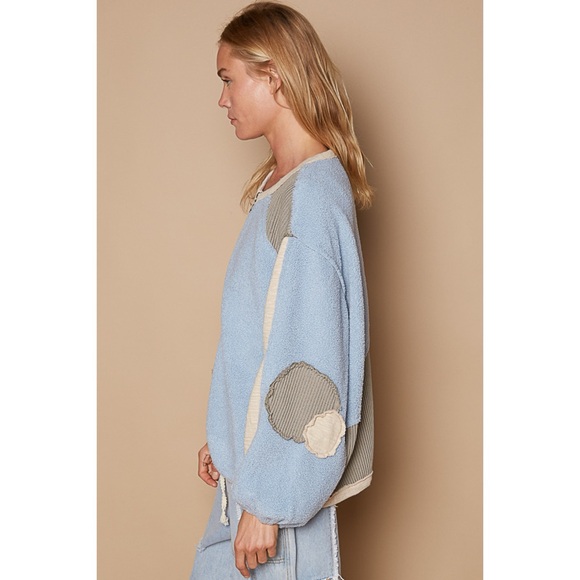 POL Blue Colorblock Mixed Fabric Pullover | Fleece Thermal Knit Top - Picture 3 of 6